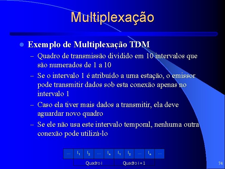 Multiplexação l Exemplo de Multiplexação TDM – Quadro de transmissão dividido em 10 intervalos