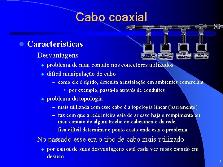 Cabo coaxial l Características – Desvantagens l l problema de mau contato nos conectores