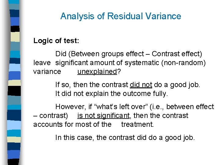 Analysis of Residual Variance Logic of test: Did (Between groups effect – Contrast effect)