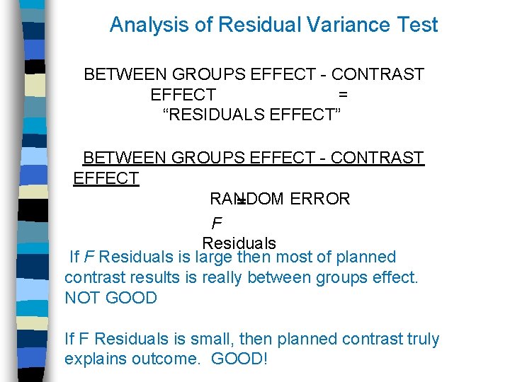 Analysis of Residual Variance Test BETWEEN GROUPS EFFECT - CONTRAST EFFECT = “RESIDUALS EFFECT”