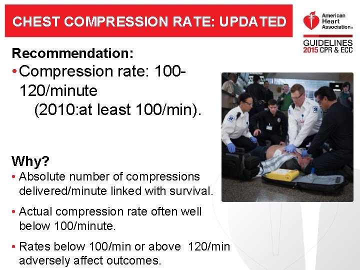 CHEST COMPRESSION RATE: UPDATED Recommendation: • Compression rate: 100120/minute (2010: at least 100/min). Why? CHEST COMPRESSION RATE: UPDATED Recommendation: • Compression rate: 100120/minute (2010: at least 100/min). Why?