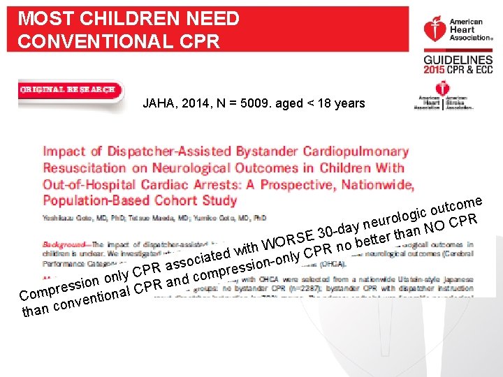 MOST CHILDREN NEED CONVENTIONAL CPR JAHA, 2014, N = 5009. aged < 18 years MOST CHILDREN NEED CONVENTIONAL CPR JAHA, 2014, N = 5009. aged < 18 years