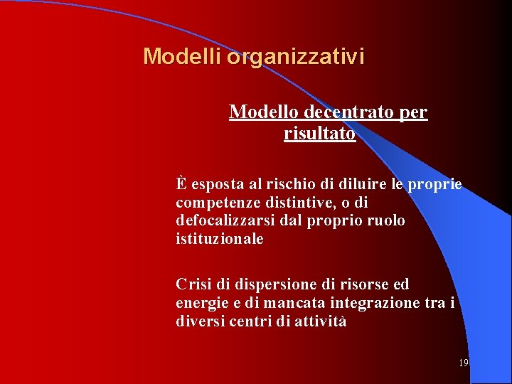 Modelli organizzativi Modello decentrato per risultato È esposta al rischio di diluire le proprie
