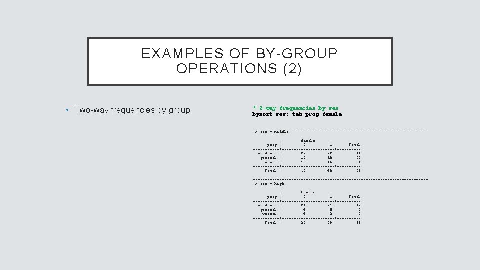 EXAMPLES OF BY-GROUP OPERATIONS (2) • Two-way frequencies by group * 2 -way frequencies