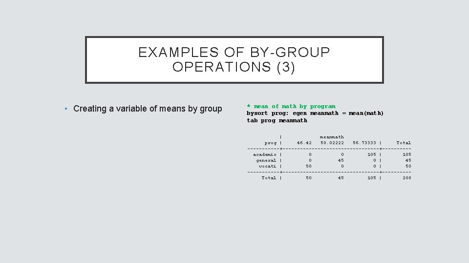 EXAMPLES OF BY-GROUP OPERATIONS (3) • Creating a variable of means by group *