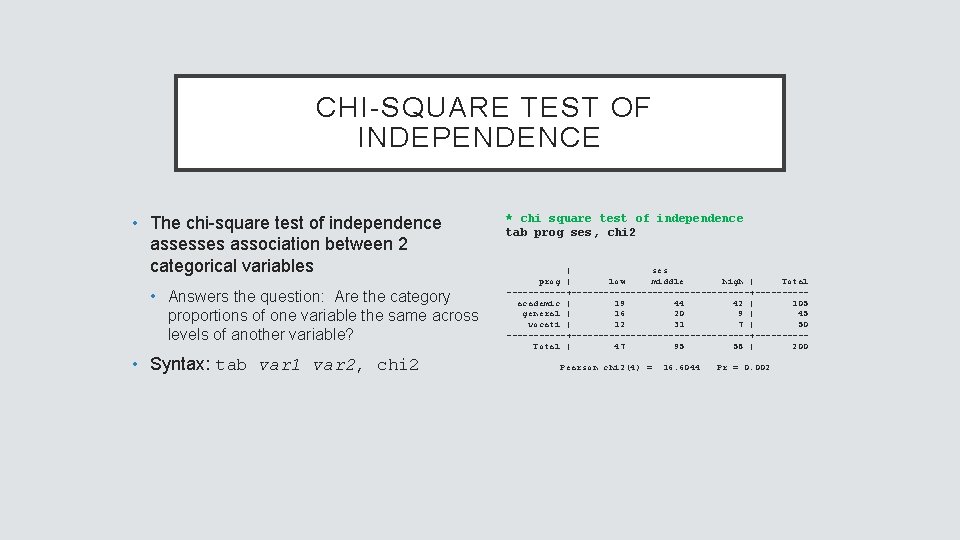  CHI-SQUARE TEST OF INDEPENDENCE • The chi-square test of independence assesses association between