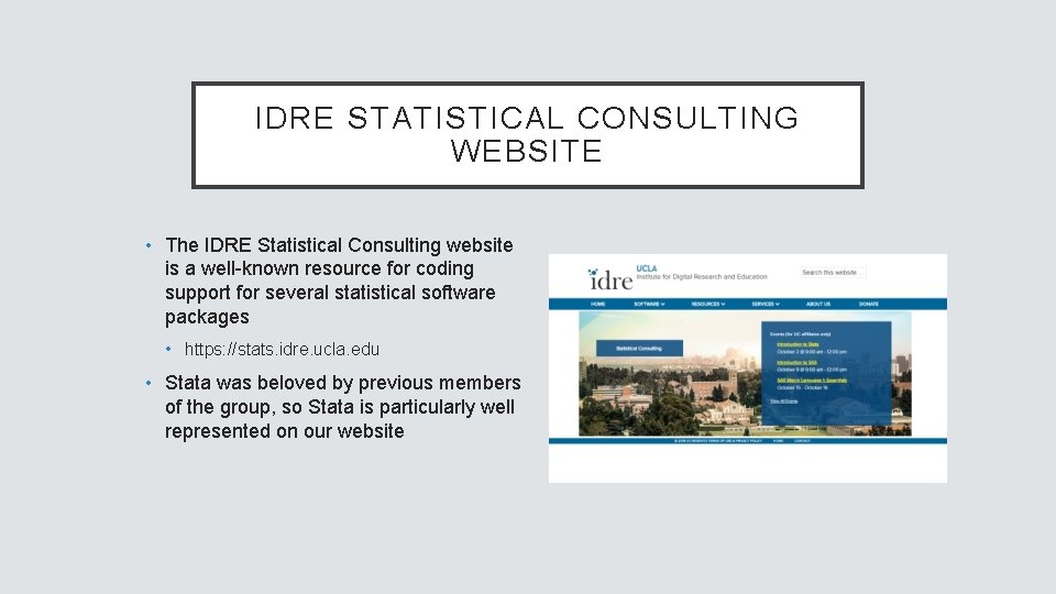 IDRE STATISTICAL CONSULTING WEBSITE • The IDRE Statistical Consulting website is a well-known resource