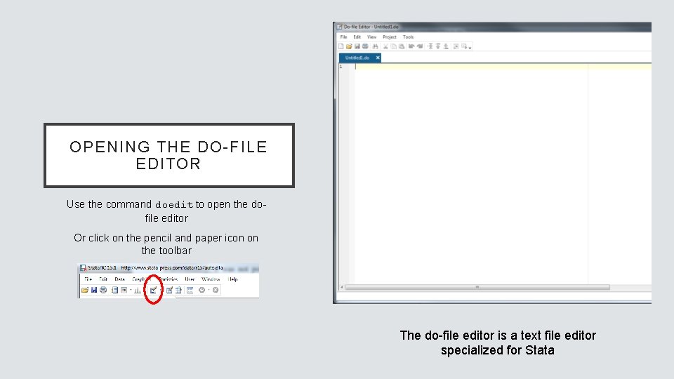 OPENING THE DO-FILE EDITOR Use the command doedit to open the dofile editor Or