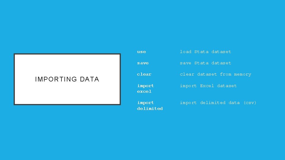 IMPORTING DATA use load Stata dataset save Stata dataset clear dataset from memory import