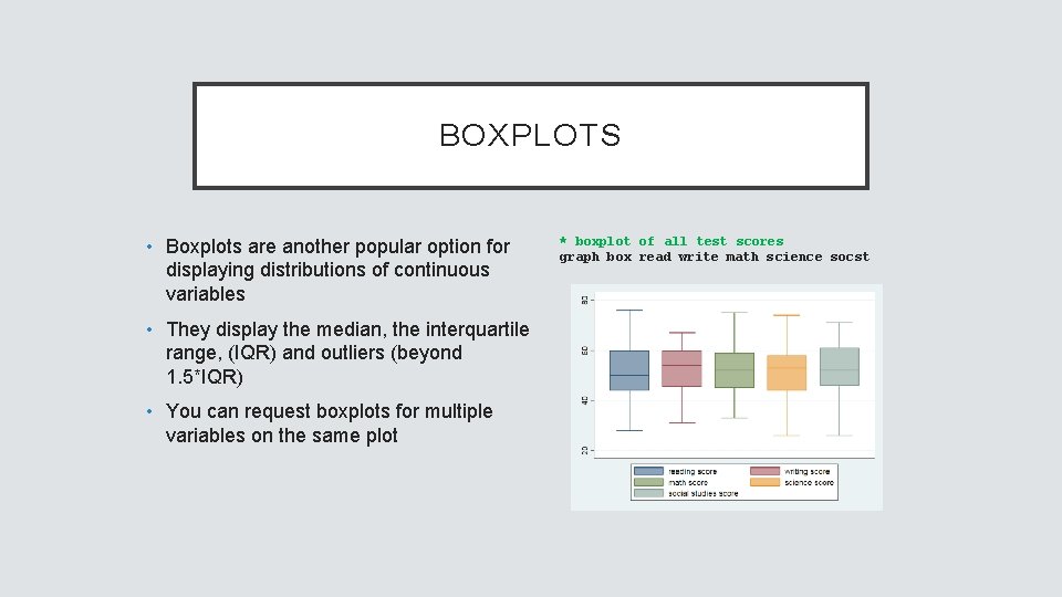 BOXPLOTS • Boxplots are another popular option for displaying distributions of continuous variables •