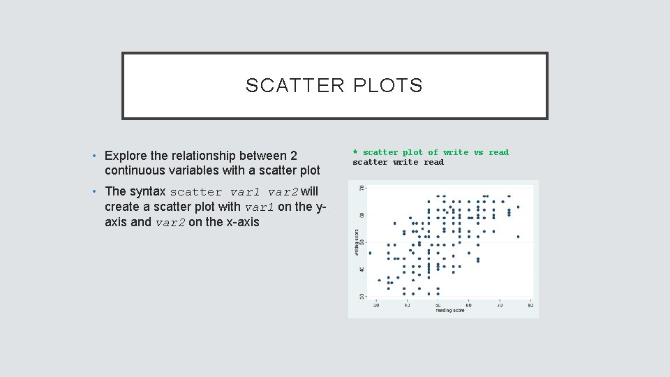 SCATTER PLOTS • Explore the relationship between 2 continuous variables with a scatter plot