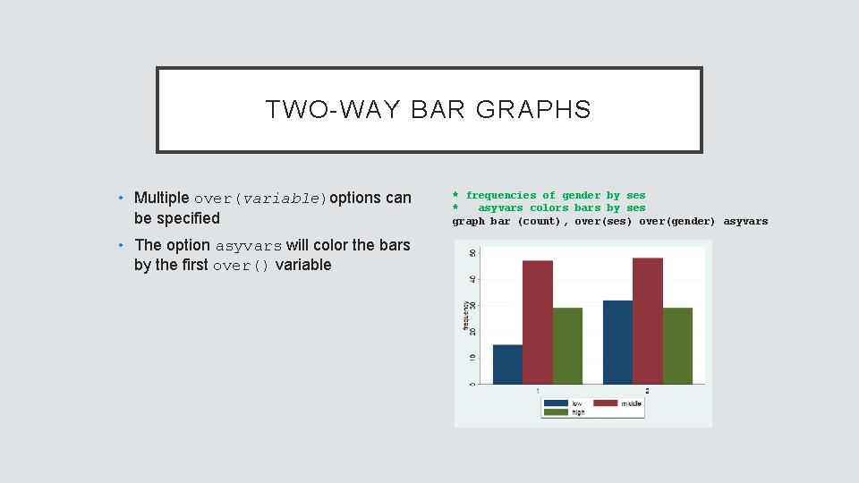 TWO-WAY BAR GRAPHS • Multiple over(variable)options can be specified • The option asyvars will