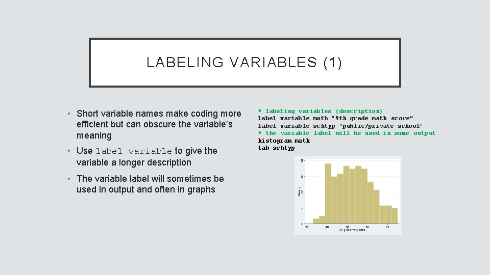 LABELING VARIABLES (1) • Short variable names make coding more efficient but can obscure