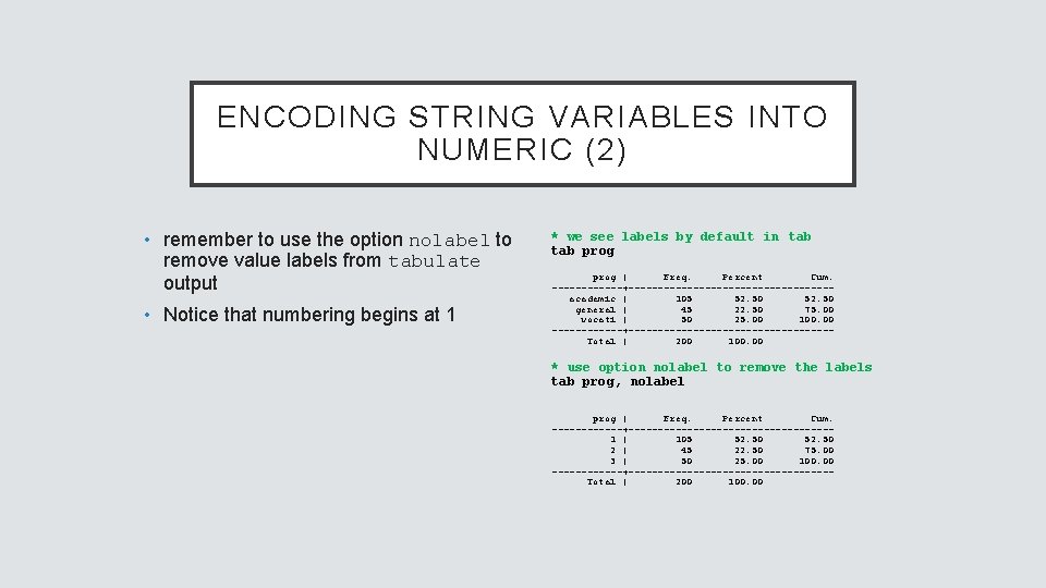 ENCODING STRING VARIABLES INTO NUMERIC (2) • remember to use the option nolabel to