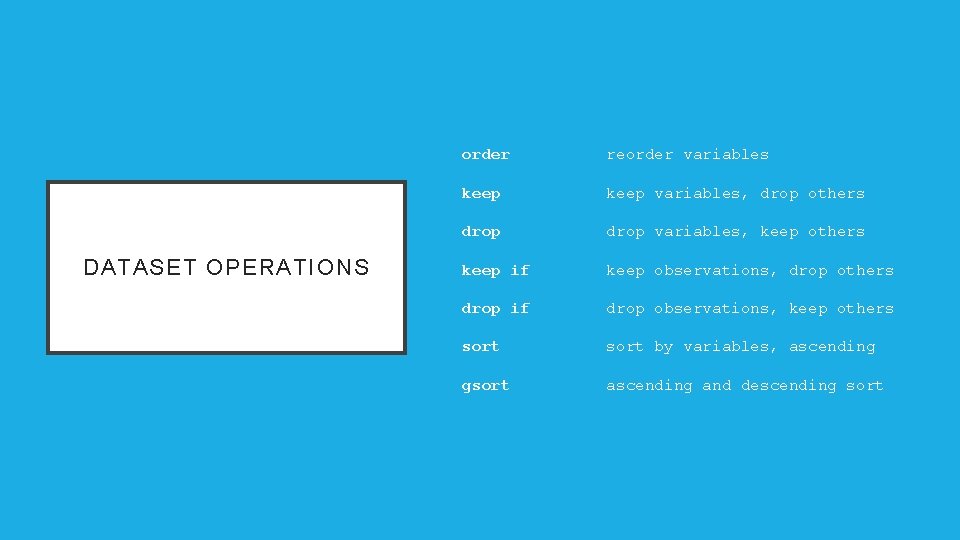 DATASET OPERATIONS order reorder variables keep variables, drop others drop variables, keep others keep