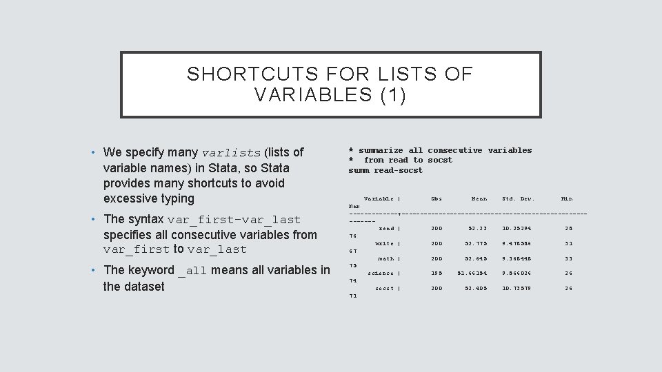 SHORTCUTS FOR LISTS OF VARIABLES (1) • We specify many varlists (lists of variable