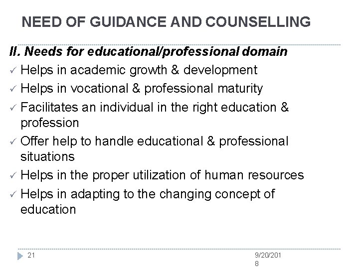 NEED OF GUIDANCE AND COUNSELLING II. Needs for educational/professional domain Helps in academic growth