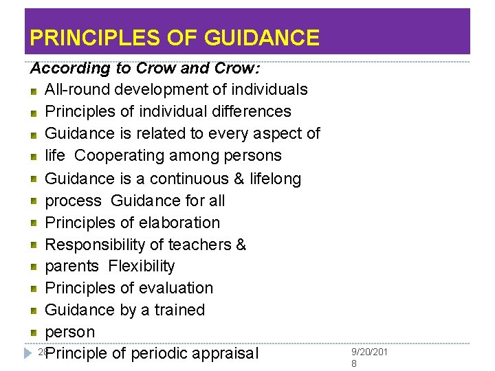 PRINCIPLES OF GUIDANCE According to Crow and Crow: All-round development of individuals Principles of