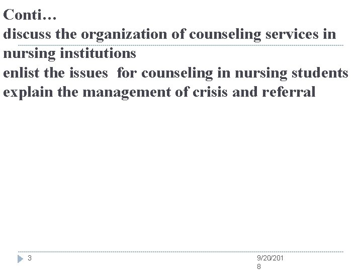 Conti… discuss the organization of counseling services in nursing institutions enlist the issues for