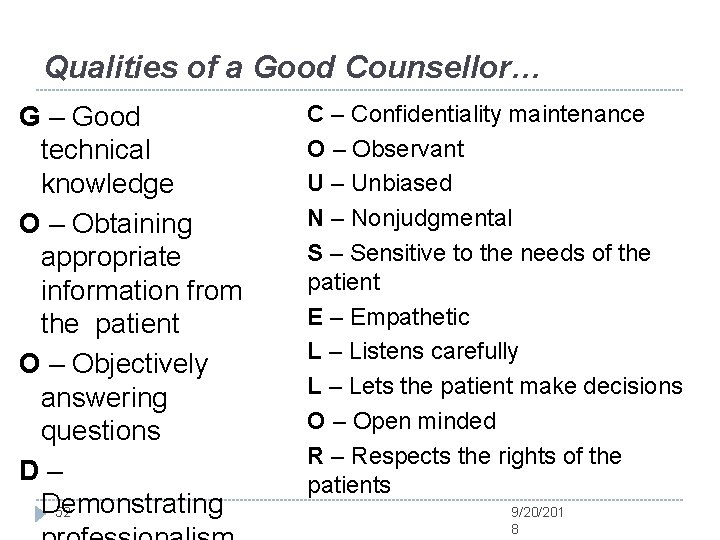 Qualities of a Good Counsellor… G – Good technical knowledge O – Obtaining appropriate
