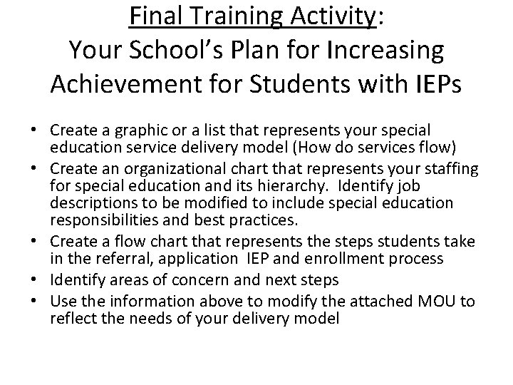 Final Training Activity: Your School’s Plan for Increasing Achievement for Students with IEPs •