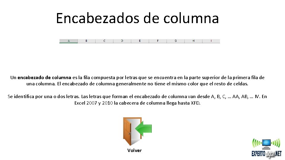 Encabezados de columna Un encabezado de columna es la fila compuesta por letras que