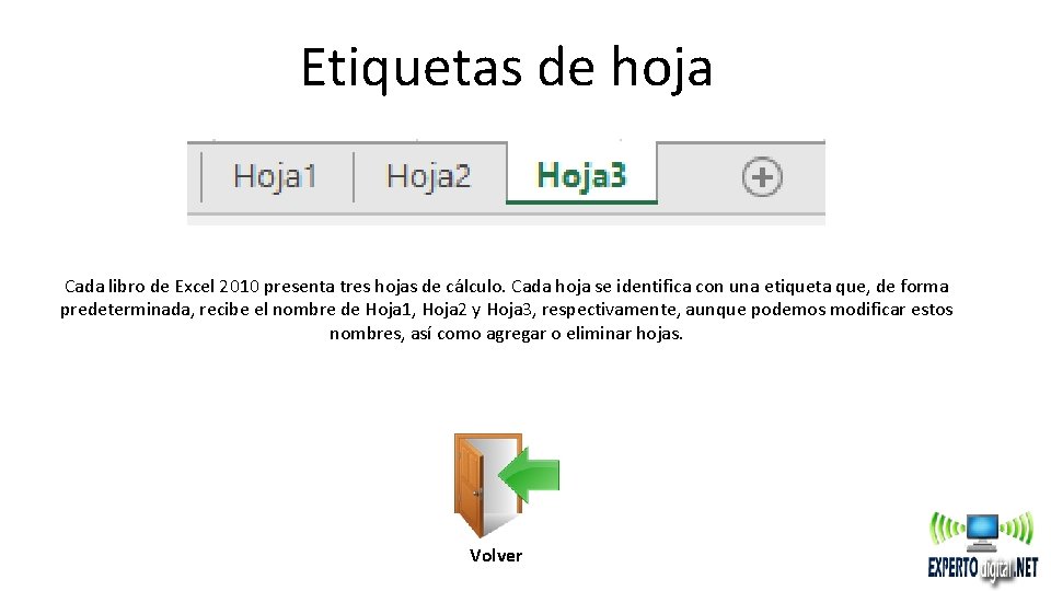 Etiquetas de hoja Cada libro de Excel 2010 presenta tres hojas de cálculo. Cada