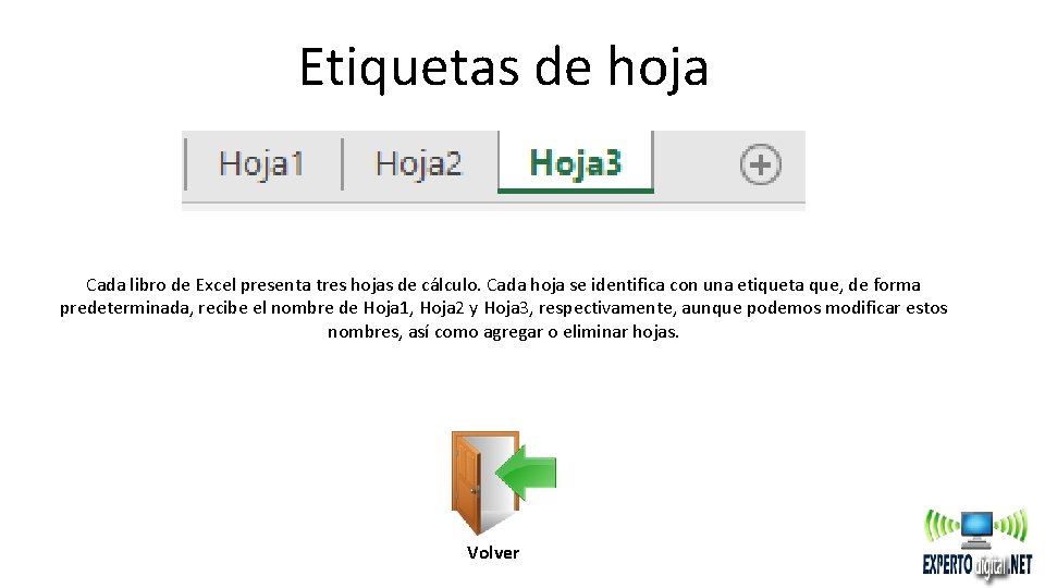 Etiquetas de hoja Cada libro de Excel presenta tres hojas de cálculo. Cada hoja