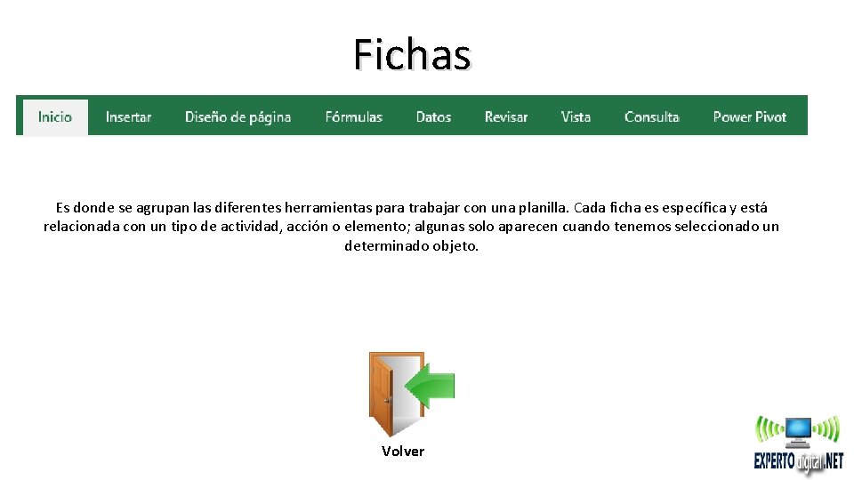 Fichas Es donde se agrupan las diferentes herramientas para trabajar con una planilla. Cada