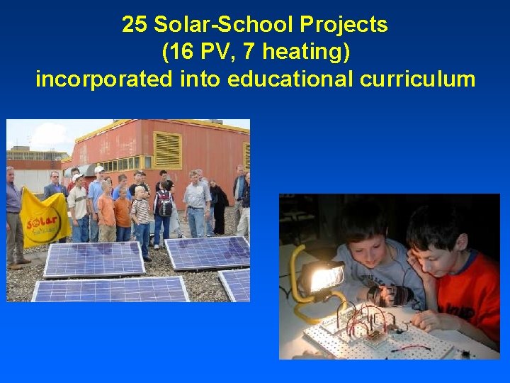 25 Solar-School Projects (16 PV, 7 heating) incorporated into educational curriculum 