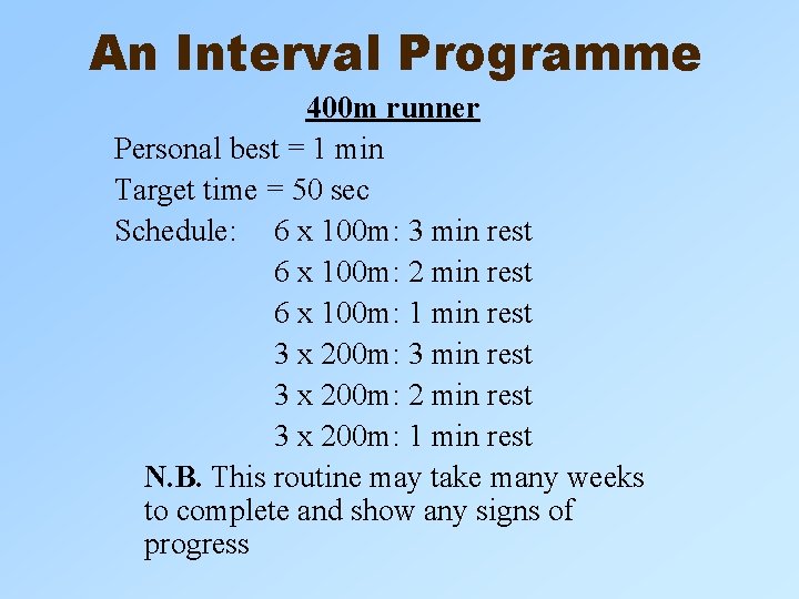 An Interval Programme 400 m runner Personal best = 1 min Target time = An Interval Programme 400 m runner Personal best = 1 min Target time =