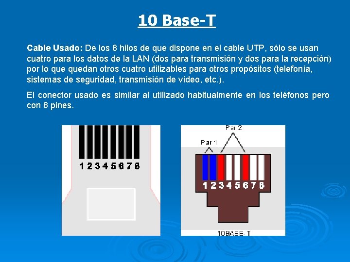 10 Base-T Cable Usado: De los 8 hilos de que dispone en el cable