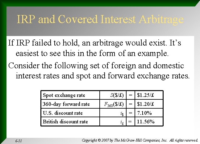 IRP and Covered Interest Arbitrage If IRP failed to hold, an arbitrage would exist.