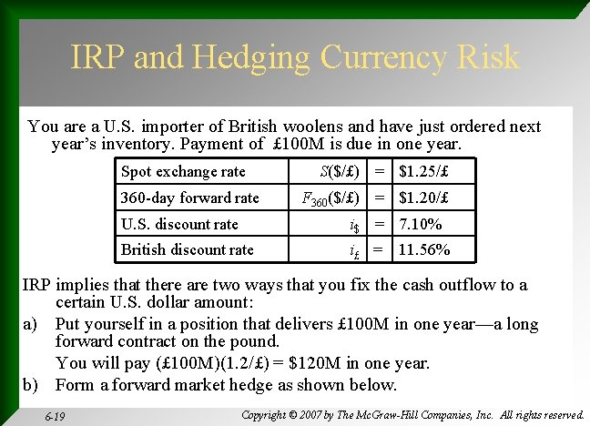 IRP and Hedging Currency Risk You are a U. S. importer of British woolens