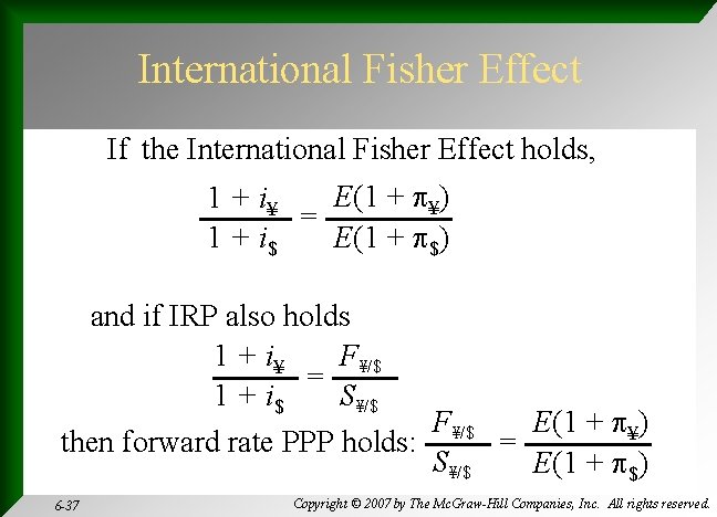 International Fisher Effect If the International Fisher Effect holds, E(1 + ¥) 1 +