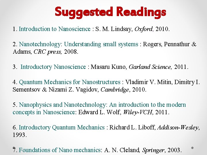 Suggested Readings 1. Introduction to Nanoscience : S. M. Lindsay, Oxford, 2010. 2. Nanotechnology: Suggested Readings 1. Introduction to Nanoscience : S. M. Lindsay, Oxford, 2010. 2. Nanotechnology: