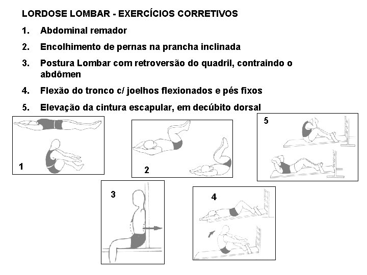 LORDOSE LOMBAR - EXERCÍCIOS CORRETIVOS 1. Abdominal remador 2. Encolhimento de pernas na prancha