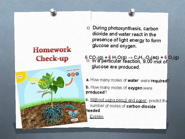 O During photosynthesis, carbon Homework Check-up dioxide and water react in the presence of