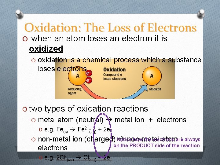 Oxidation: The Loss of Electrons O when an atom loses an electron it is