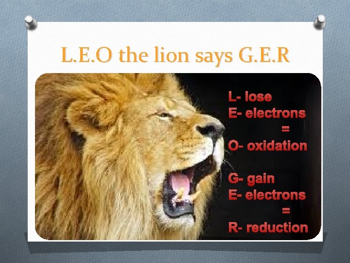 L. E. O the lion says G. E. R L- lose E- electrons =