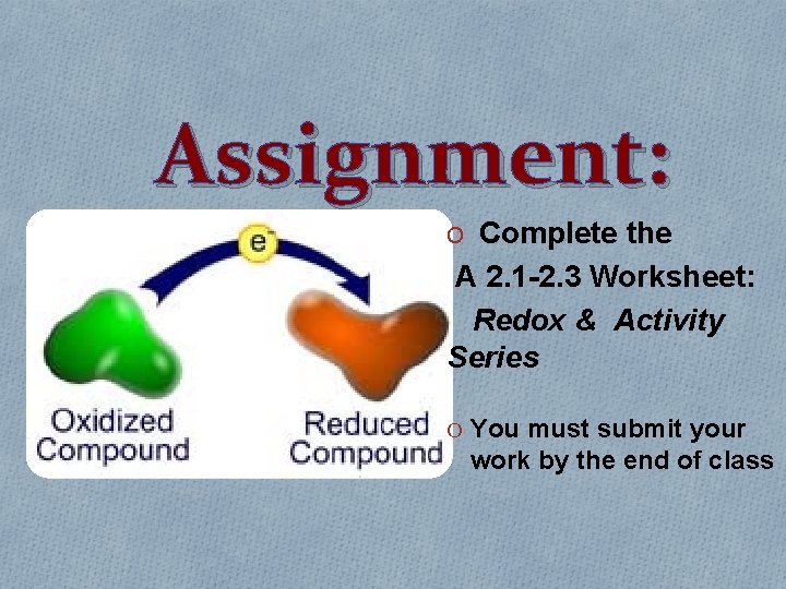Assignment: O Complete the A 2. 1 -2. 3 Worksheet: Redox & Activity Series