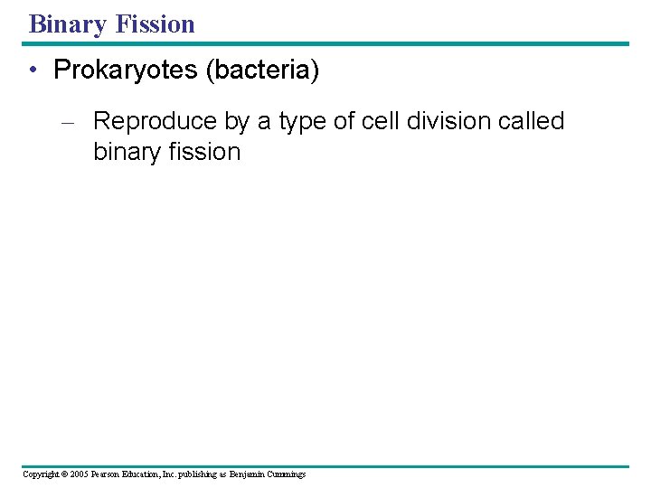 Binary Fission • Prokaryotes (bacteria) – Reproduce by a type of cell division called