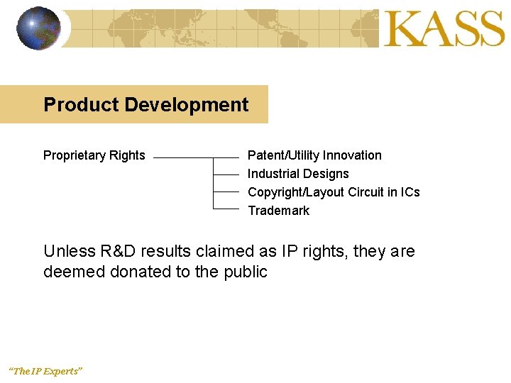 Product Development Proprietary Rights Patent/Utility Innovation Industrial Designs Copyright/Layout Circuit in ICs Trademark Unless