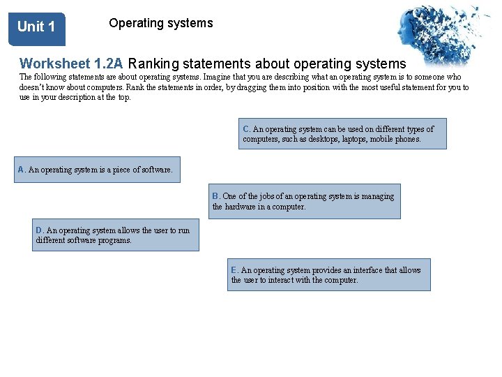 Unit 1 Operating systems Worksheet 1. 2 A Ranking statements about operating systems The