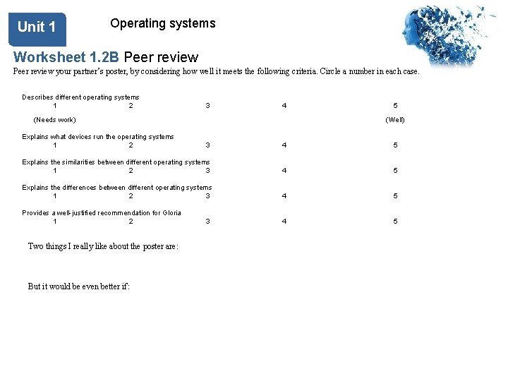 Unit 1 Operating systems Worksheet 1. 2 B Peer review your partner’s poster, by
