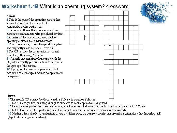 Worksheet 1. 1 B What is an operating system? crossword Across 4 This is