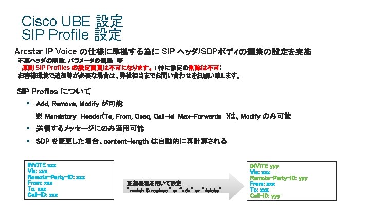 Cisco UBE 設定 SIP Profile 設定 Arcstar IP Voice の仕様に準拠する為に SIP ヘッダ/SDPボディの編集の設定を実施 不要ヘッダの削除, パラメータの編集 等 Cisco UBE 設定 SIP Profile 設定 Arcstar IP Voice の仕様に準拠する為に SIP ヘッダ/SDPボディの編集の設定を実施 不要ヘッダの削除, パラメータの編集 等