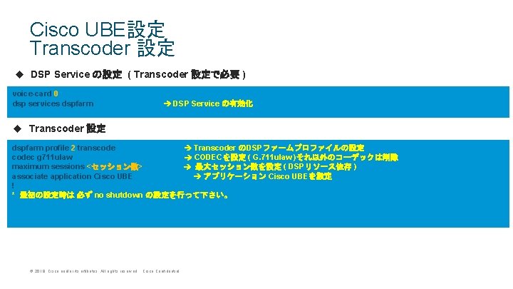 Cisco UBE設定 Transcoder 設定 u DSP Service の設定 ( Transcoder 設定で必要 ) voice-card 0 Cisco UBE設定 Transcoder 設定 u DSP Service の設定 ( Transcoder 設定で必要 ) voice-card 0