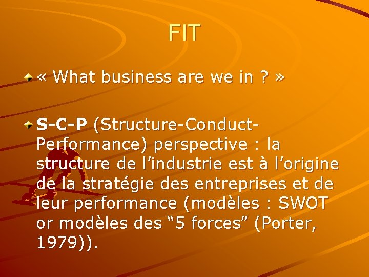 FIT « What business are we in ? » S-C-P (Structure-Conduct. Performance) perspective :