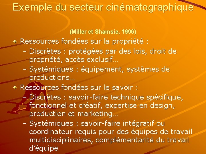 Exemple du secteur cinématographique (Miller et Shamsie, 1996) Ressources fondées sur la propriété :